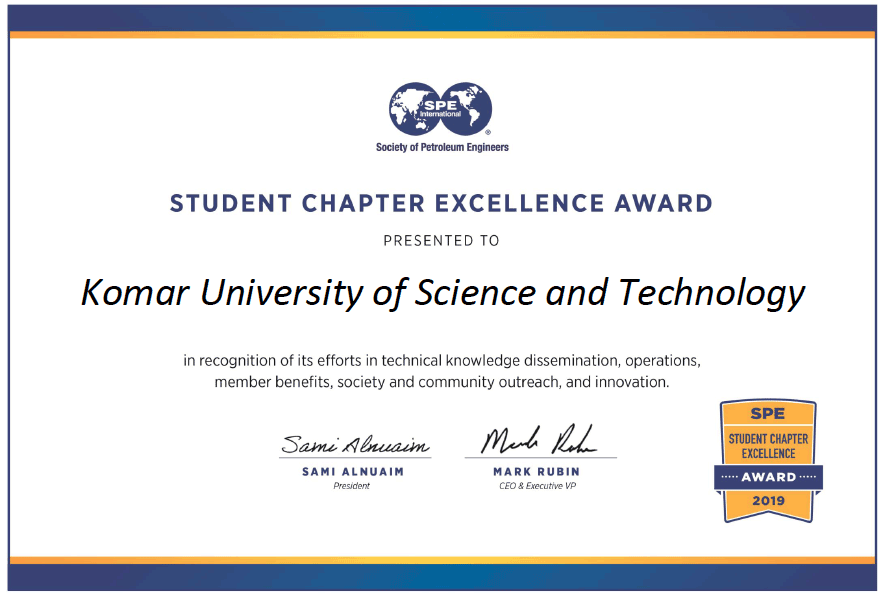 KUST Student Chapter has been awarded the Student Chapter Excellence Award for 2019